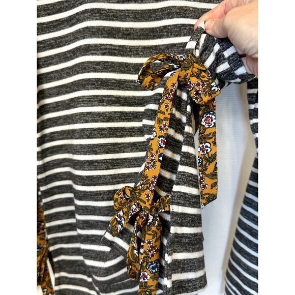 Hem & Thread Striped Pullover Knit Top Sz L with Boho Floral Side Ties Bohemian - Picture 2 of 6